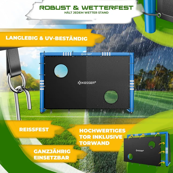 KESSER® Fußballtor für Garten, Schusstraining, UV-beständiges Netz, Stahlrahmen mit Polsterung, Erdhaken, Luftpumpe, Hüttchen, Montagezubehör, für Kinder und Erwachsene, Blau, 240 cm, mit Torwand – Bild 3