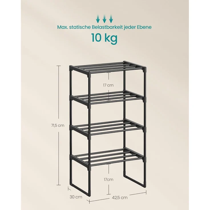 SONGMICS Schuhregal 4 Ebenen, Schuhständer Metall, Schuhaufbewahrung, Schuh-Organizer, aufrecht oder umgedreht, für 5-10 Paar Schuhe, stapelbar, Flur, 30 x 42,5 x 71,5 cm, schwarz LSA004B01 – Bild 2
