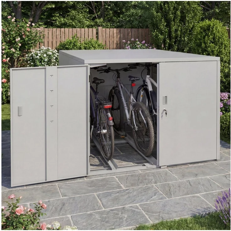 MCW Fahrradbox MCW-P93-3, Abschließbare 3er-Fahrradgarage mit 2 Schienen und Bodenbefestigung, sturmfest und witterungsbeständig
