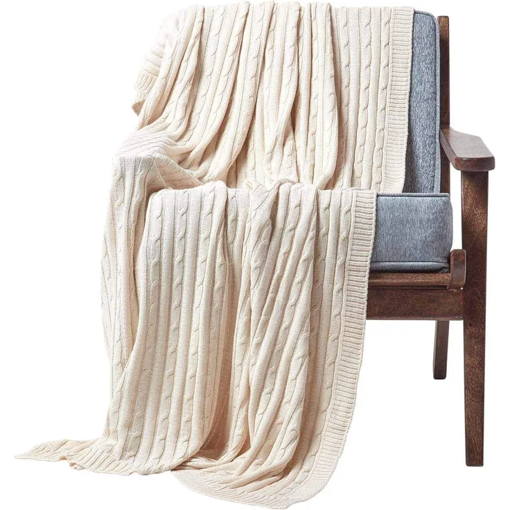Plaid Baumwolldecke mit Zopfmuster, beige, 130x170 cm, Homescapes