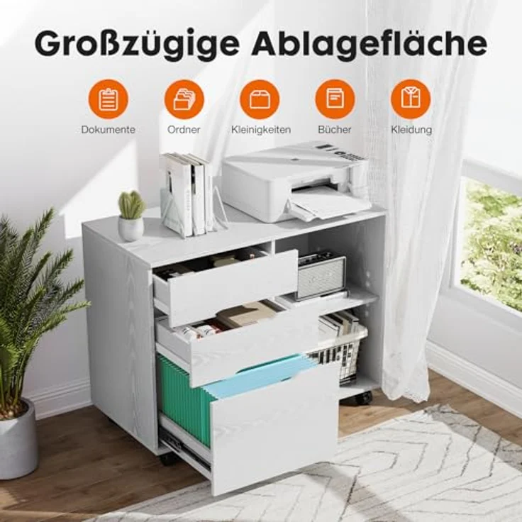 Sweetcrispy Rollcontainer mit 3 Schubladen,Aktenschrank und Druckerschrank mit Rollen,offene Ablage,höhenverstellbarer Einlegeboden,Hängeregistratur A4/Letter/Legal,80 x 40 x 62 cm,Weiß,für Büro Zuhause – Bild 4