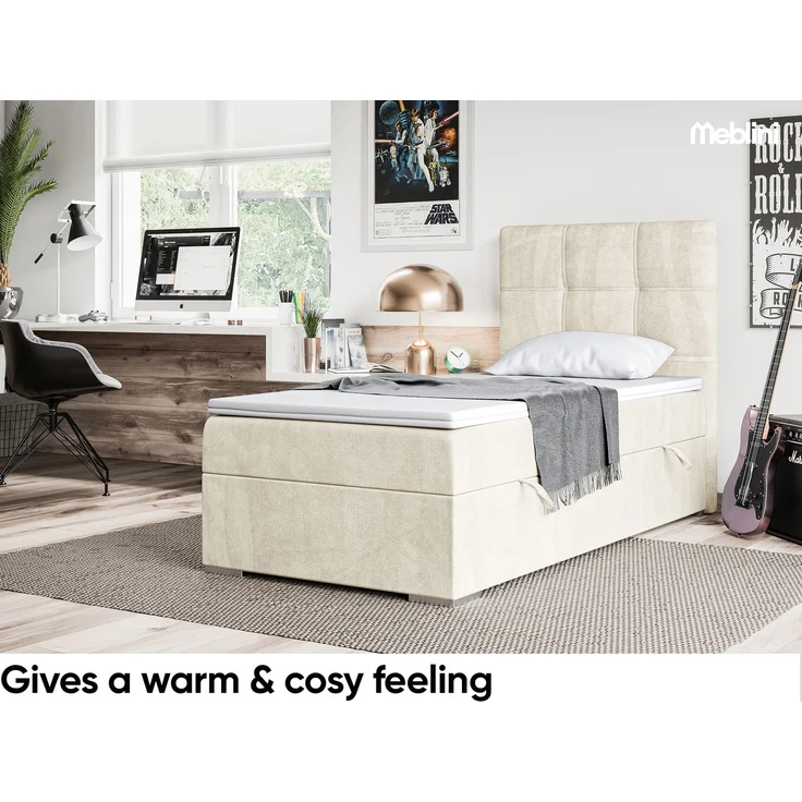 MEBLINI Boxspringbett KAI 100x200cm Rechts - H3/Creme Samt - mit Bettkasten - Gepolstert Einzelbett mit Topper & Taschenfederkern-Matratze – Bild 4