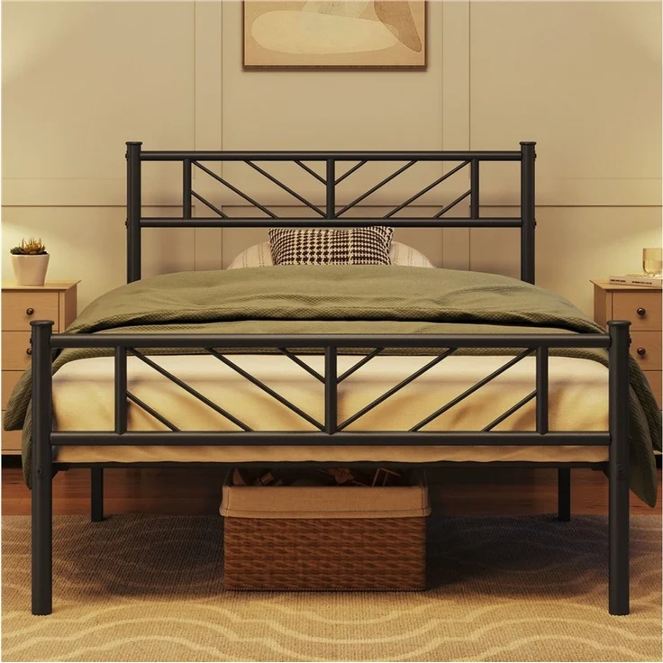 Yaheetech Metallbett Bettgestell 90x200 cm, Minimalistischer Bettrahmen mit Kopfteil Gästebett mit Lattenrost, Schwarz – Bild 4