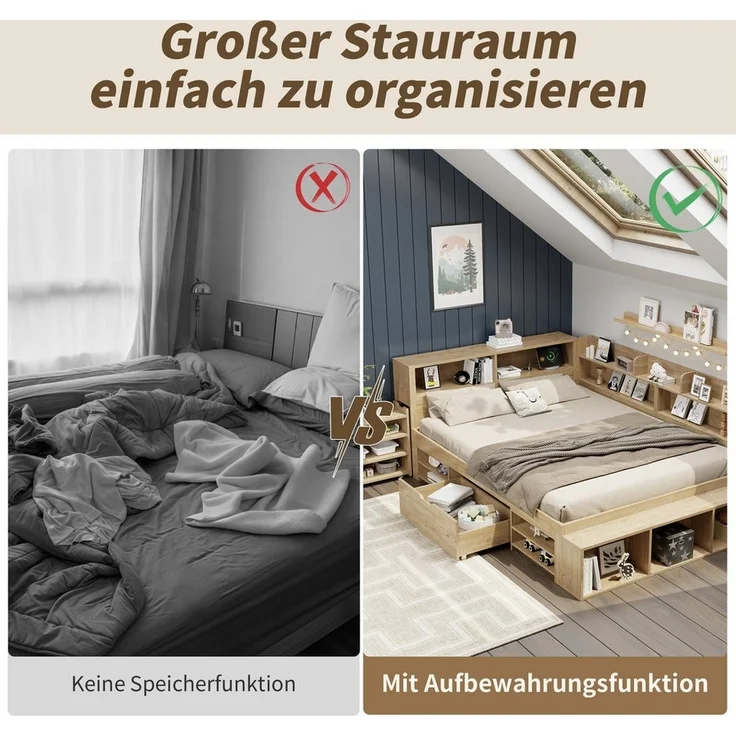 STILVORA Holzbett 140x200 mit Schublade,Jugendbett Stauraumbett mit Lattenrost&Matratze (Stauraumbett, Kinderbett, 1-tlg, 140*200 cm, ohne Matratze), mit ausziehbarer Nachttisch Schubladen, Regal und Stauschrank – Bild 2