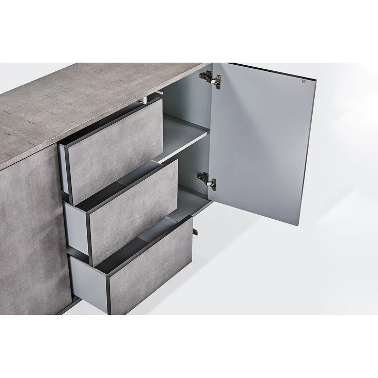 KAWOLA Sideboard GALA 2 Türen 3 Schubladen Kunstleder grau Fuß Edelstahl gebürstet 85 x 40 x 140 cm – Bild 2