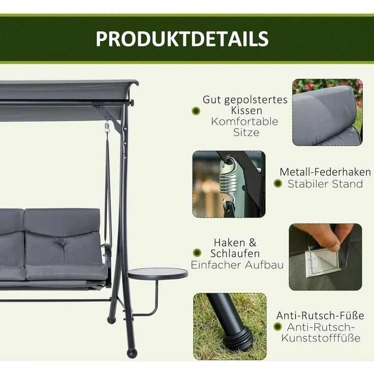 Outsunny Hollywoodschaukel mit verstellbarem Sonnendach, 3-Sitzer, Verstellbares Dach, Gartenschaukel, 1 tlg, Schaukelbank, für Garten, Balkon, Grau – Bild 6