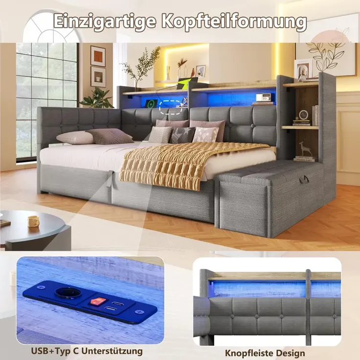 Stauraumbett mit LED-Beleuchtung, Bettkasten, Lattenrost, Regal und USB/Type-C Anschlüssen, 90x200 cm, Schlafsofa, Einzelbett, Jugendbett, Samt – Bild 5