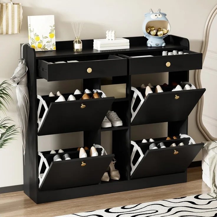 Merax Schuhschrank mit 4 Klapptüren, 2 Schubladen & 3 offenen Fächern (1-St) Kommode Schrank Schuhkommode Schuhregal, 110x26x100 cm