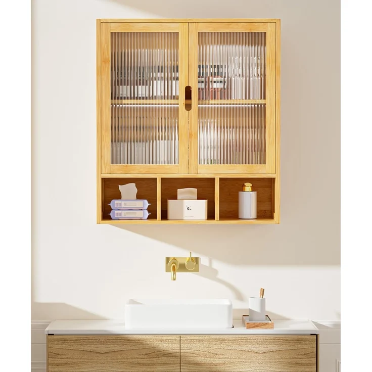 Yorbay Hängeschrank Bambus Badezimmerschrank (59x22x66 cm, Magnetverschluss & verstellbare Regale) Wandschrank mit Doppeltüren – Bild 2