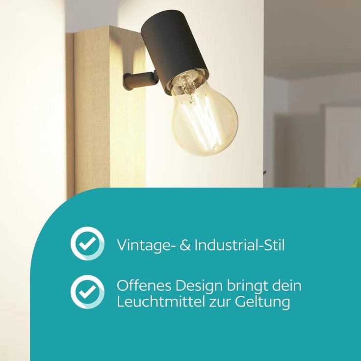 Eglo 32917 LED Wandleuchte TOWNSHEND Stahl schwarz, Holz braun E27 1X10W L:6,5cm H:21,5cm T:19cm dimmbar – Bild 3