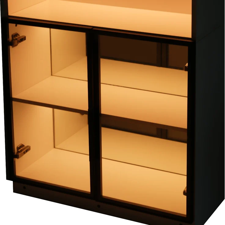 Vitrine 70x30x170 cm in Weiß mit grauen ESG-Glastüren, LED und Spiegelrückwand – Bild 9