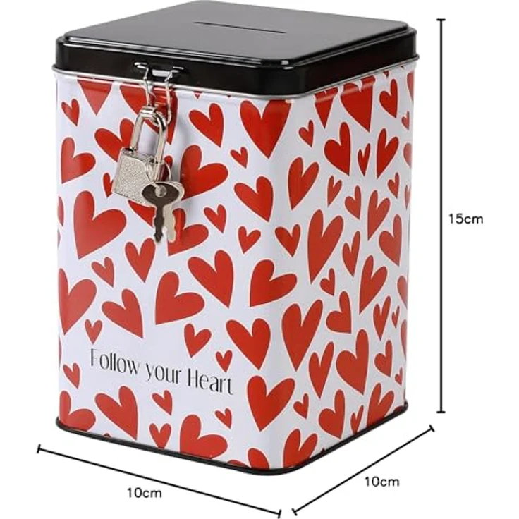 I-TOTAL® – Lustige Spardose mit Vorhängeschloss und Schlüssel, Sparbüchse aus Metall mit Verschluss (Follow Your Heart) – Bild 6