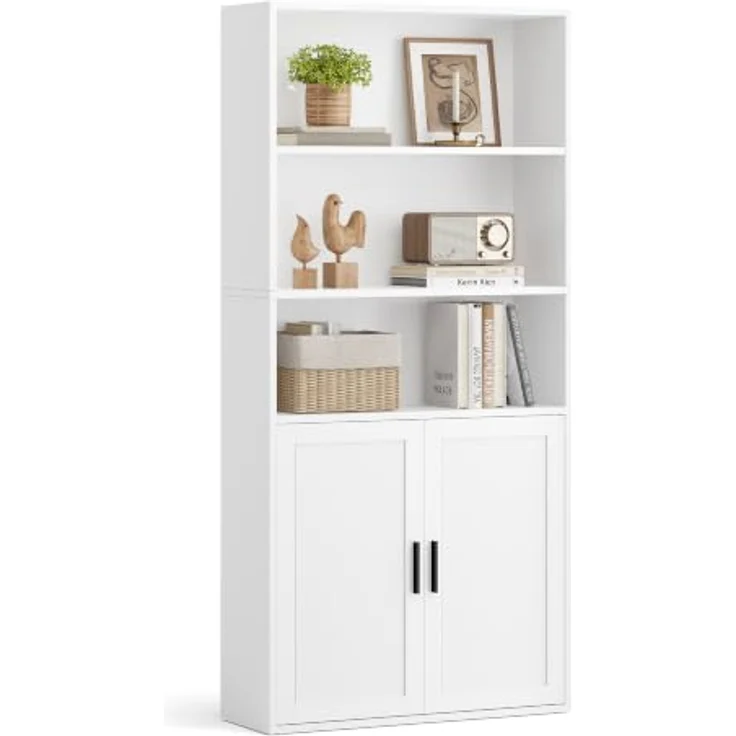 VASAGLE Bücherregal, 5-stöckiges Standregal mit Tür, 60 x 24 x 145.9 cm | Offenes Aufbewahrungsregal, für Wohnzimmer, Homeoffice, Esszimmer, Wolkenweiss, SIREN Kollektion LBC502WB01 – Bild 1