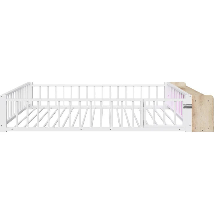 Kinderbett mit LED-Streifen, Regal, Zaun, Lattenrost und Tür, 140x200 cm, Einzelbett mit Rausfallschutz, Metallbett – Bild 9