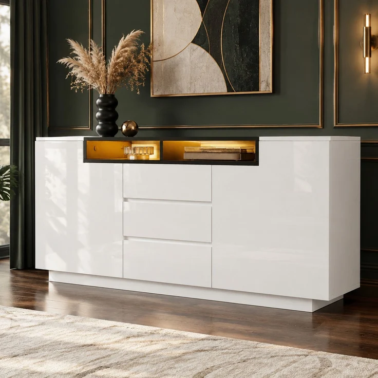 DESVIAE Sideboard mit LED-Beleuchtung und 3 Schubladen 140x68x40 cm Spanplatte Weiß/Schwarz – Bild 1