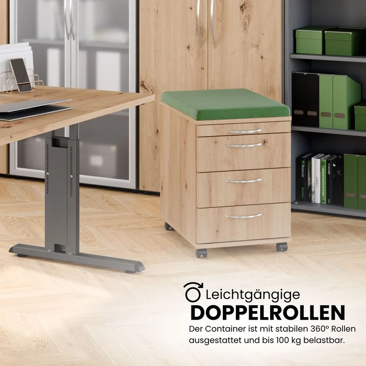 bümö basic Rollcontainer mit Schubladen, Container aus Holz in Asteiche - Rollwagen für's Büro als Schreibtisch Unterschrank, Bürocontainer od. Schreibtischcontainer mit Bogengriffe, 1606-R-R-BO – Bild 4