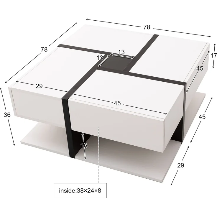 Quadratischer Couchtisch Hochglanz Weiß Schwarz mit 4 Schubladen Wohnzimmer Tisch Ablage Modern Design – Bild 8