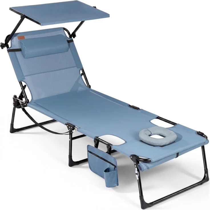 Homecall Sonnenliege mit Gesichtsöffnung und Sonnendach, klappbarer Liegestuhl, 4-Fach verstellbare Rückenlehne, bis zu 180 kg belastbar, für Garten, Strand und Camping (2, Blau)