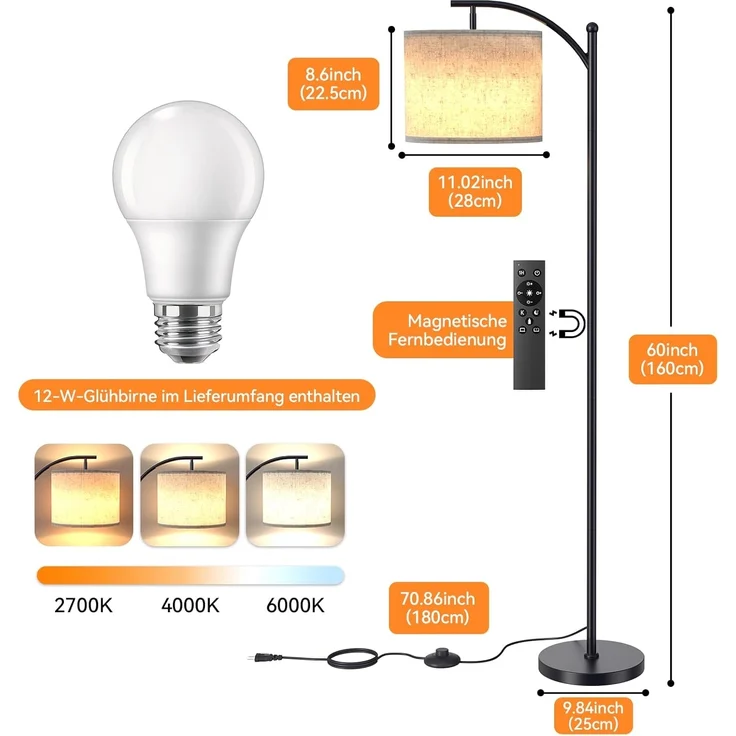 YICAIZI Stehlampe Wohnzimmer Dimmbar, Modern Standleuchte mit 3 Farbtemperaturen, Beigen Leinen-Lampenschirm, 12W Glühbirne inklusive, Fernbedienung und Fußschalter (Beige) – Bild 7