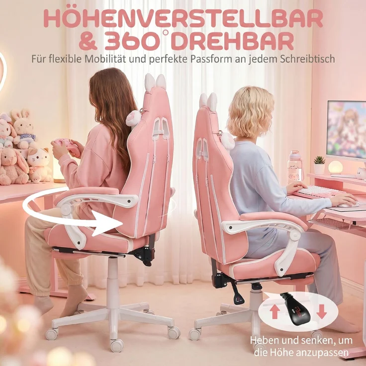 HOMCOM Gaming Stuhl, Kunstleder, Rosa, 65L x 62B x 116-124H cm – Bild 9