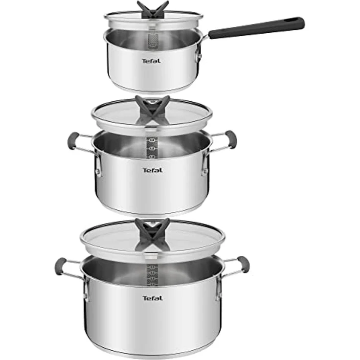 Tefal Topf-Set G7376S Opti'Space, Edelstahl (Set, 6-tlg, Stielkasserolle 16 cm, Kochtopf 20/24 cm, je mit Deckel), Thermo-Fusion-Boden, für alle Herdarten inkl. Induktion – Bild 2