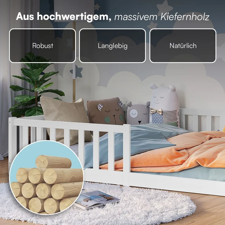 Bellabino 'Vere' Bodenbett 140x200 cm mit Matratze, weiß, Massivholz Kiefer, Montessori Kinderbett mit Rausfallschutz und Lattenrost – Bild 7