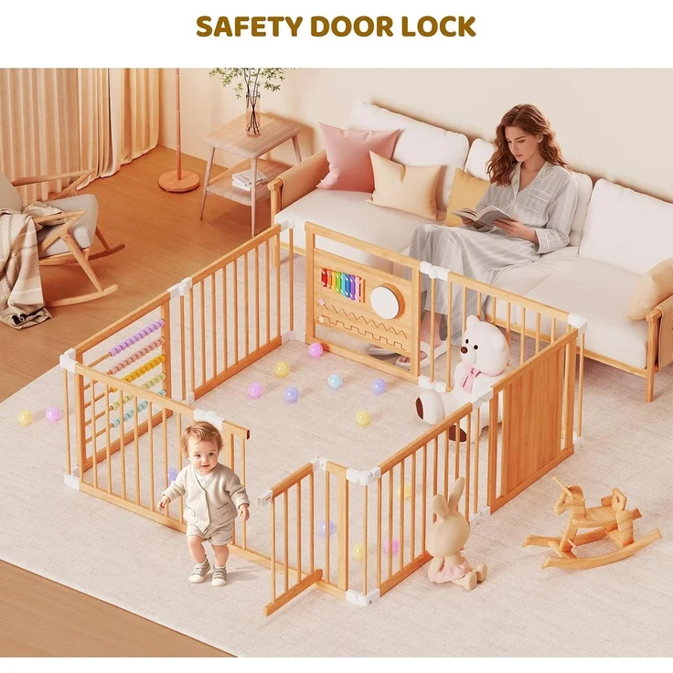 Laufstall Baby Holz mit Spielcenter–160 x 160 x 61 cm Verstellbare Größe & Form Laufgitter, Faltbarer Laufstall aus Holz, Spielzaun mit Tor für Babys und Kleinkinder – Bild 6