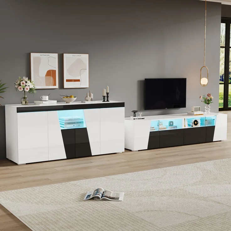 ZUBALIYA Wohnzimmerset 180x38,5x45 cm, mit LED-Beleuchtung, Hochglanz, aus Spanplatte, Weiß