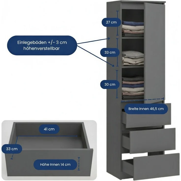 Home Collective Kleiderschrank Garderobenschrank Mehrzweckschrank Schrank platzsparend & vielseitig (50x40x180,5 cm (BxTxH), ideal für Schlafzimmer Flur & Arbeitszimmer) mit 1 Tür 3 Einlegeböden & 3 Schubladen in anthrazit – Bild 2