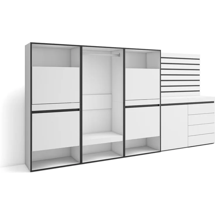 Skraut Home | Schuhregal, Schuhschrank | Schuhaufbewahrung | 287 x 145 x 35 cm | Für Schlafzimmer, Zimmer | Offener Kleiderschrank | Kommode mit Schubladen | Lamellenwand Holz | Moderner Stil | Weiß