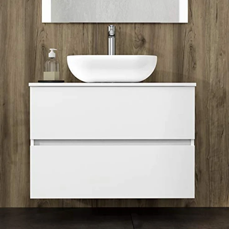 Baikal Onyx Badmöbel montiert, Möbel mit 2 Schubladen, Badezimmermöbel mit Waschbecken, Hängeschrank, Wandschrank, Keramikwaschbecken, inkl. Spiegel, 70 cm, Weiß – Bild 6