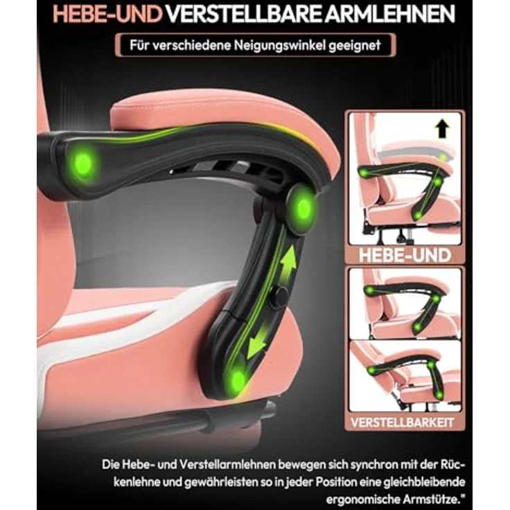 Dowinx Gaming Stuhl Bürostuhl Massage Gaming Sessel mit höhenverstellbaren Linkage-Armlehnen, ergonomischer Gamer Stuhl mit Fußstütze, gepolstert Gaming Chair 150° neigbar bis 180 kg, Rosa – Bild 5