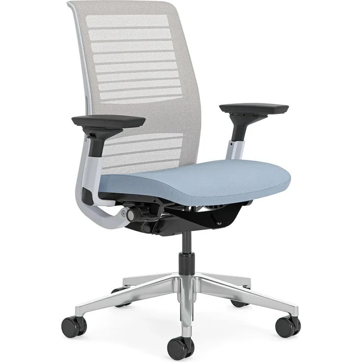 Steelcase Think Ergonomischer, höhenverstellbarer Bürostuhl mit verstellbarer Lordosenstütze und Armlehnen,  atmungsaktiver 3D-Microknit-Rückenlehne in Möwengrau und bequemer Bezug in Blauer Nickel