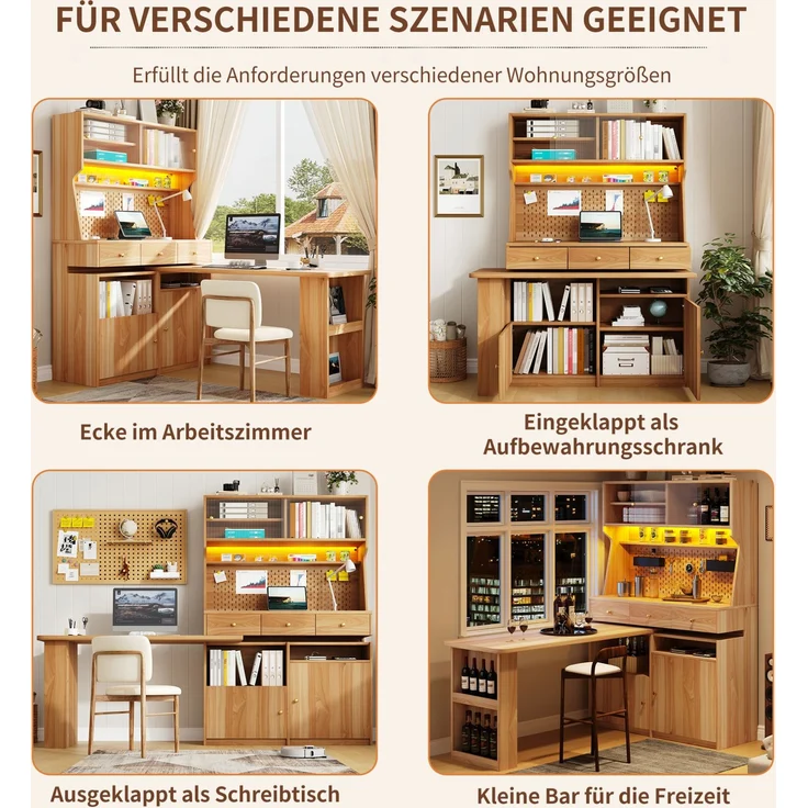 Hochschrank mit Schreibtisch, MDF & Glas, LED per App, 137x74x177,7 cm, Natural – Bild 9