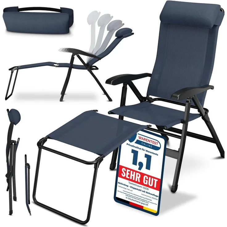 Aktivshop 'Camping' Klappstuhl, mit Beinauflage, Textilene, pulverbeschichtetes Stahlgestell, blau, 120x 65 x 57 cm