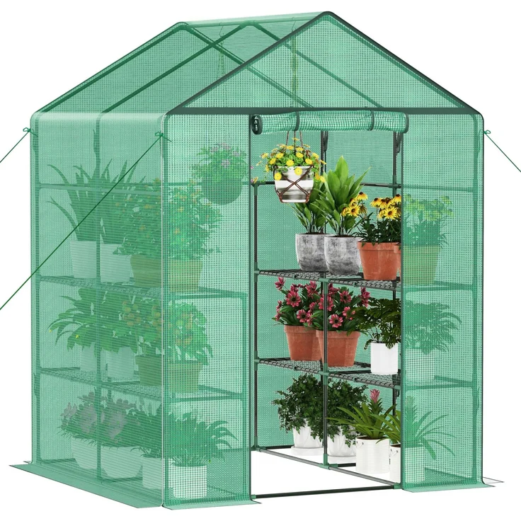Ribelli Foliengewächshaus, Gewächshaus mit Aufrollbarer Tür, Tomatengewächshaus 143 x 195 x 143 cm, 4 Regale Treibhaus, Winterfest PE-Gitterfolie, Gartenhaus für Pflanzen, Gemüse, Blumen, Grün