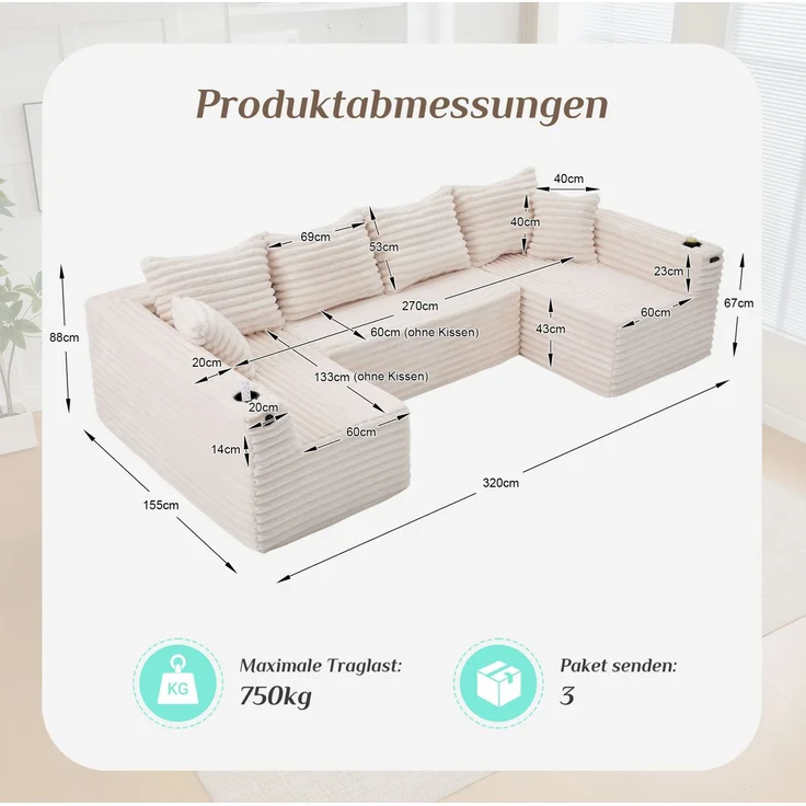 DESVIAE Sofa in U-Form mit Getränkehalter und Seitentasche 320x88x155 cm Cord Beige – Bild 10