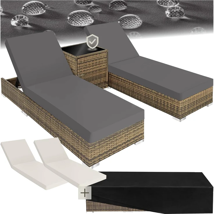 tectake 2er Lounge Sonnenliegen Set Plus Tisch – inkl. 2 Bezugsets und Schutzhülle, Outdoor Poly Rattan Gartenmöbel Set, 2X Gartenliege wetterfest - Natur – Bild 1