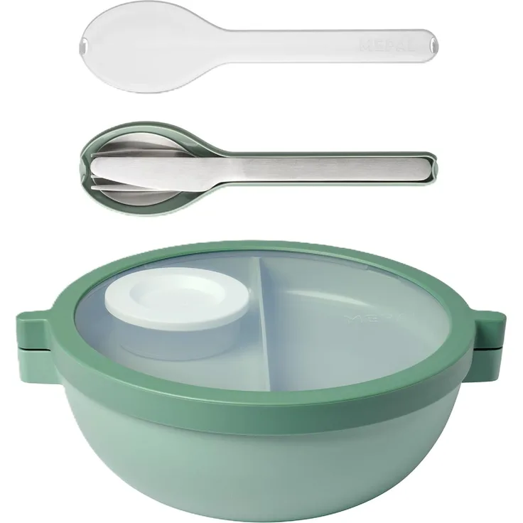 Mepal - Meal Prep Boxen Vita Set - Bento Schüssel + 3-teiliges Besteck-Set Ellipse - Brotdose mit Fächern - Extra Fach mit Deckel, Dressing-Deckel & Tablett - Bentobox - 1500 ml - Nordic Sage