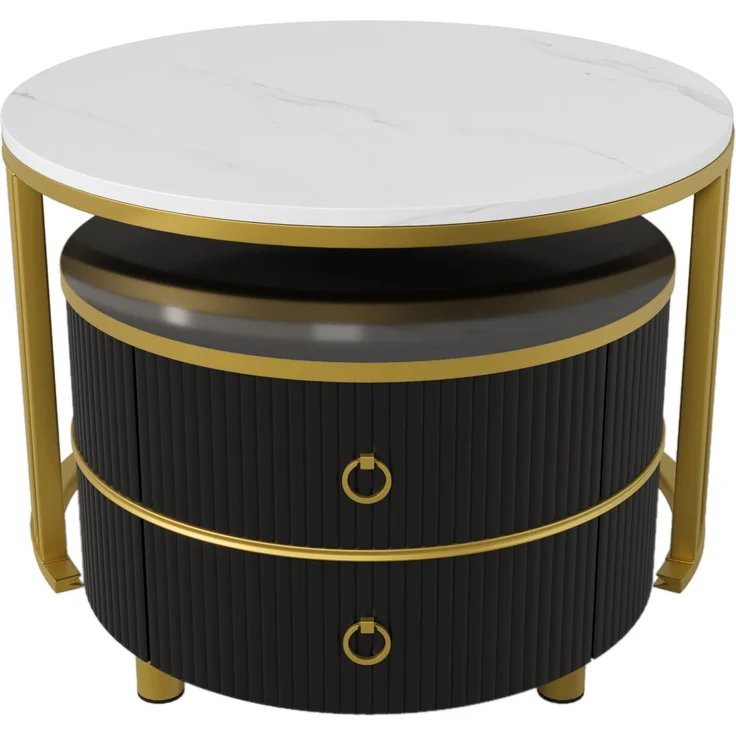 Couchtisch 2-teilig Set rund mit Marmormuster Gold und Schwarz Hochglanz Tischplatte mit Schubladen Stauraum – Bild 8