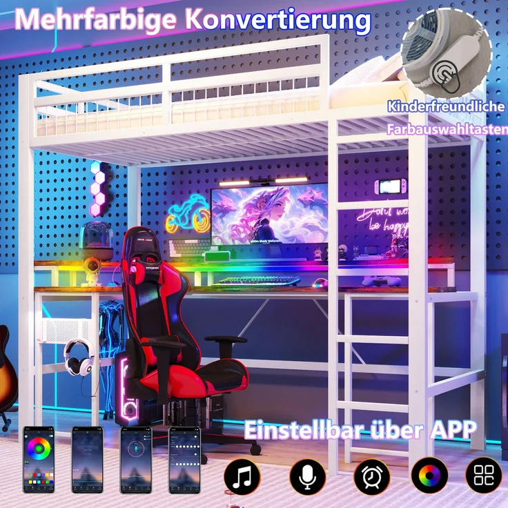 EINHOM Hochbett, 90 x 200 cm, Eisenrahmen, mit Farbwechselnder LED-Lichtleiste, mit Schreibtisch, 1 USB-Anschluss + 1 Typ-C-Anschluss und 2 Steckdosen, mit Lochwand, Weiß (Ohne Matratze) – Bild 4