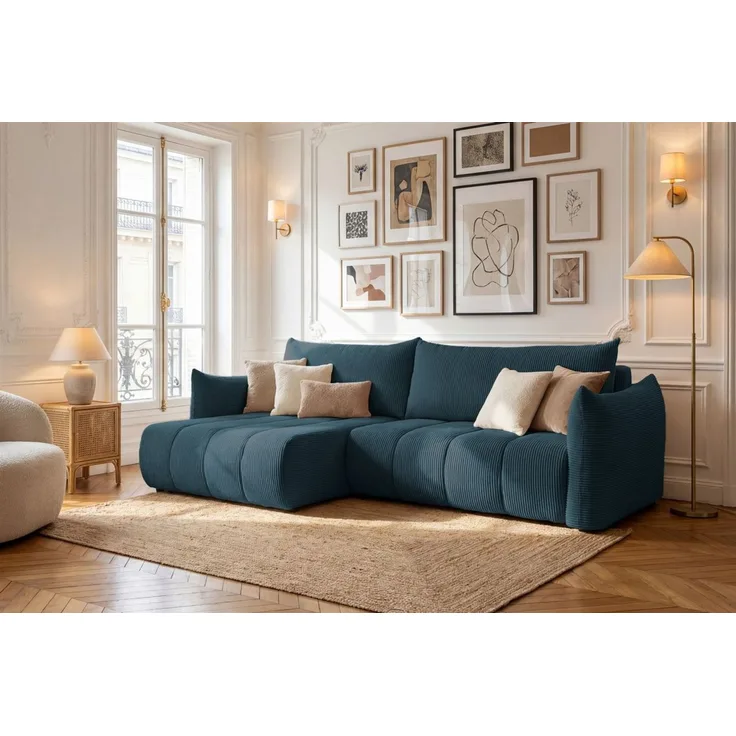 Ecksofa Schlafsofa ONTARIO in Stoff Poso Dunkelblau Ottomane Links