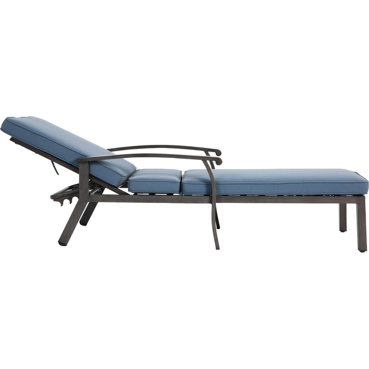 Lounge Gartenstuhl mit verstellbarer Rückenlehne, Aluminium Rahmen, bronzefarbene Pulverbeschichtung, Baumwollkissen blau – Bild 5