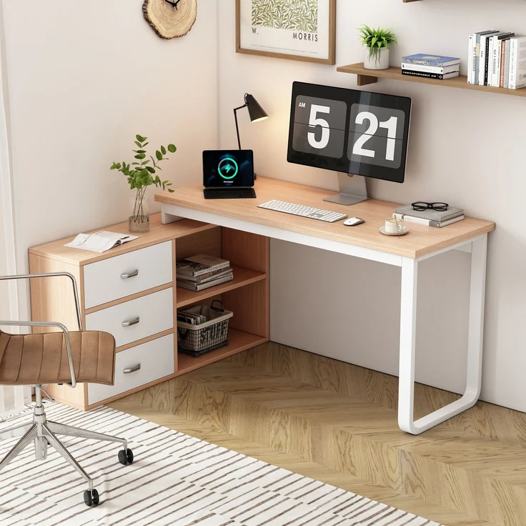 Flieks L-Form Schreibtisch 147×100×75.3 cm, Bürotisch mit 3 Schubladen & 2 offenen Ablagefächern, massiver Stahlrahmen, Naturholzfarbe & Weiß – Bild 1