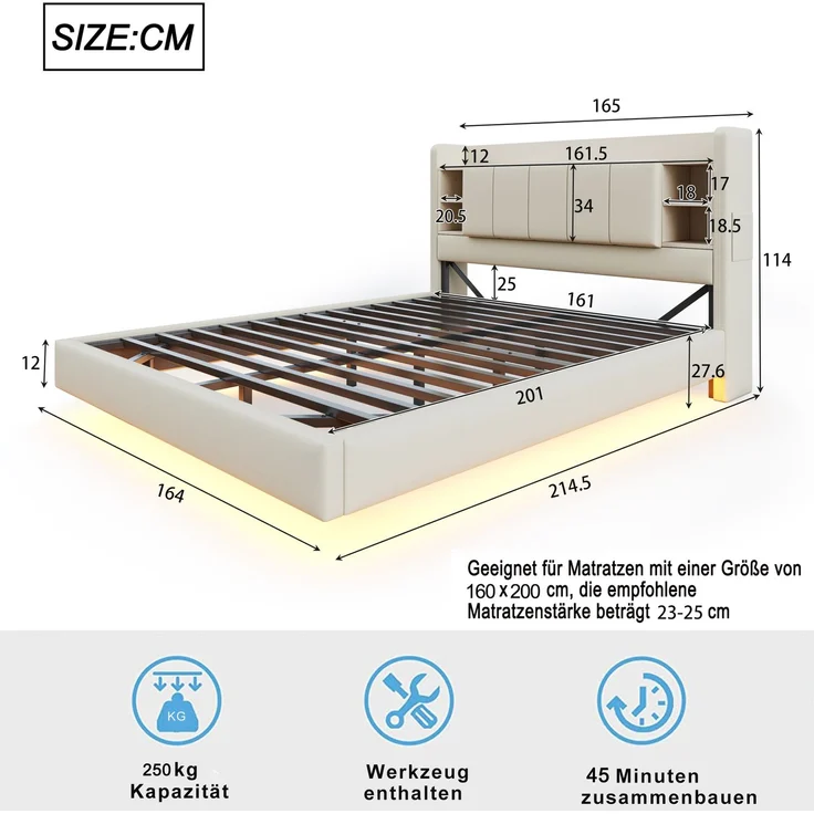 EINHOM Polsterbett 160 x 200 cm, mit USB-Steckdose und Lichtleiste, Wendbares Kopfteil mit Ablagefächern und Einlegeböden mit Kleinen Ablagefächern, Stabiler Metallrahmen, Leinenstoff, Doppelbett Beige, (Ohne Matratze) – Bild 2