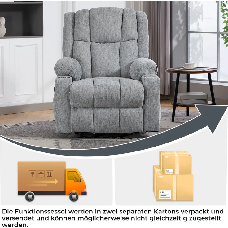 Elektrischer Sessel 91x84x106 cm in Hellgrau mit Aufstehhilfe, Massagefunktion, Wärme und Getränkehalter – Bild 8