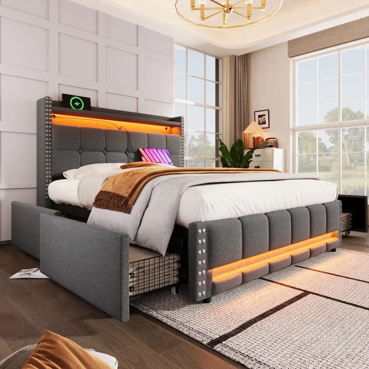 Polsterbett 140x200 mit LED-Beleuchtung, USB-Anschluss & Stauraum, graues Leinenbett mit Schublade,inklusive Taschenfederkern – Bild 2