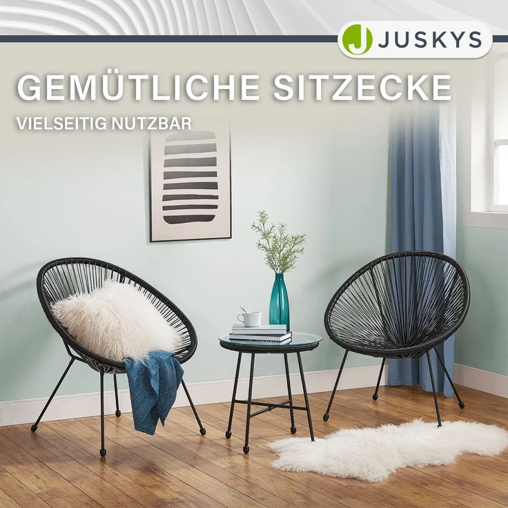 Juskys 'Ostana' Balkonmöbel Set, 3-teilig, Tisch + 2x Sessel, Polyrattan, Schwarz – Bild 8