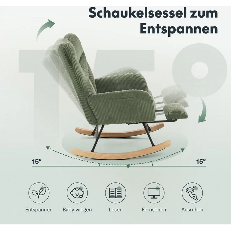 FLEXISPOT Schaukelstuhl mit Hoher Rückenlehne & Fußstütze, Relaxsessel, Schaukelsessel (Moderner Schwingsessel mit Holzkufen, mit Seitentasche), Gepolsterter Relaxsessel für Wohnzimmer & Schlafzimmer – Bild 2