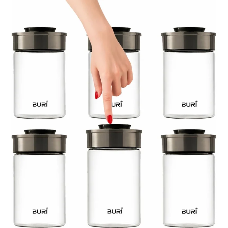 BURI Vorratsglas Vakuumglas 6er Set 1000ml | Vorratsdosen Glas mit Edelstahl Deckel & Vakuum Klick-Mechanismus | Luftdicht mottensicher auslaufsicher stapelbar spülmaschinenfest – Bild 1